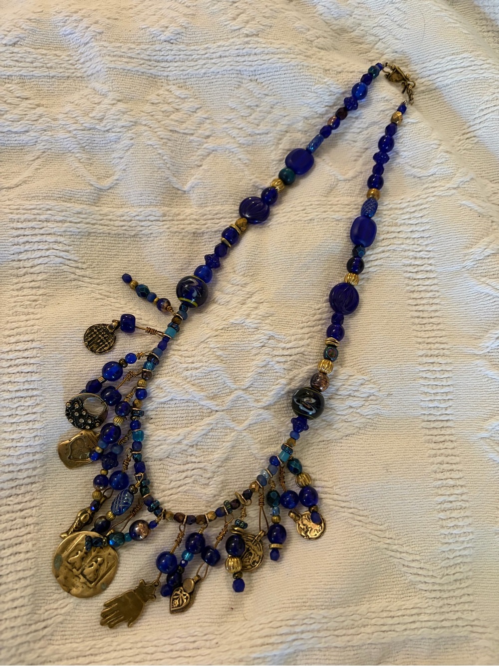 Bohemian charm necklace cobalt blue glass beads artisan statement necklace
